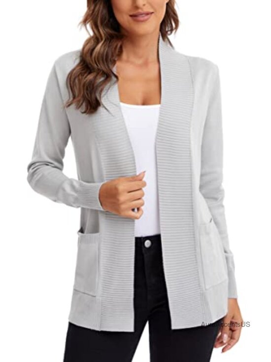 Sweaters - Lightweight Open Front Knit Cardigan Long Sleeve with Pocket